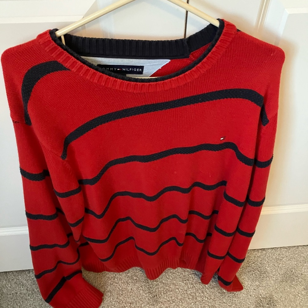 Tommy Hilfiger Red and Black Striped Sweater